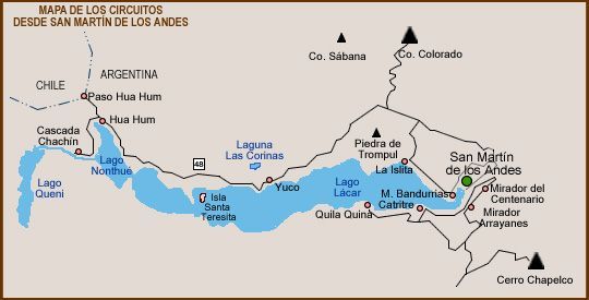 Mapa del río Colorado en los Andes, que muestra lagos, ciudades y el curso del río en color azul.