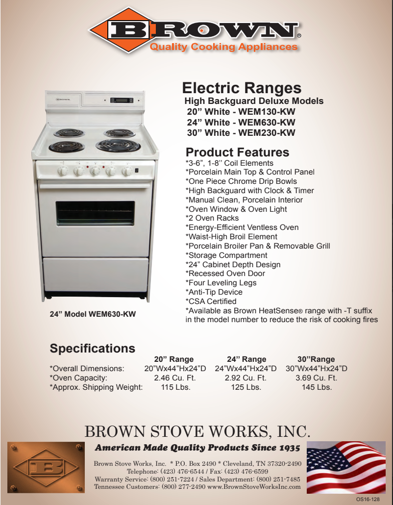 Electric Ranges Brown Stove Works, Inc.
