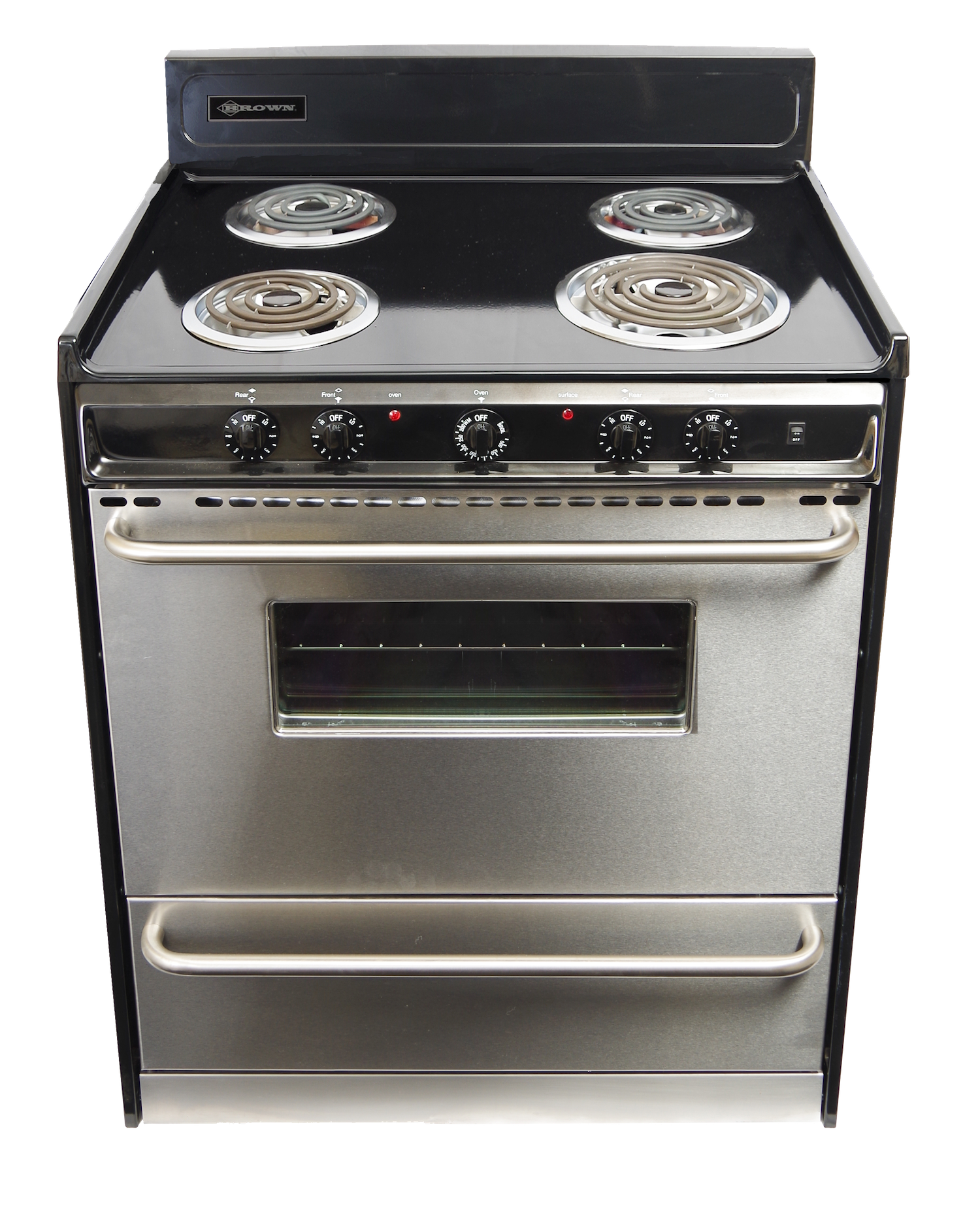 A stainless steel stove with four burners and an oven