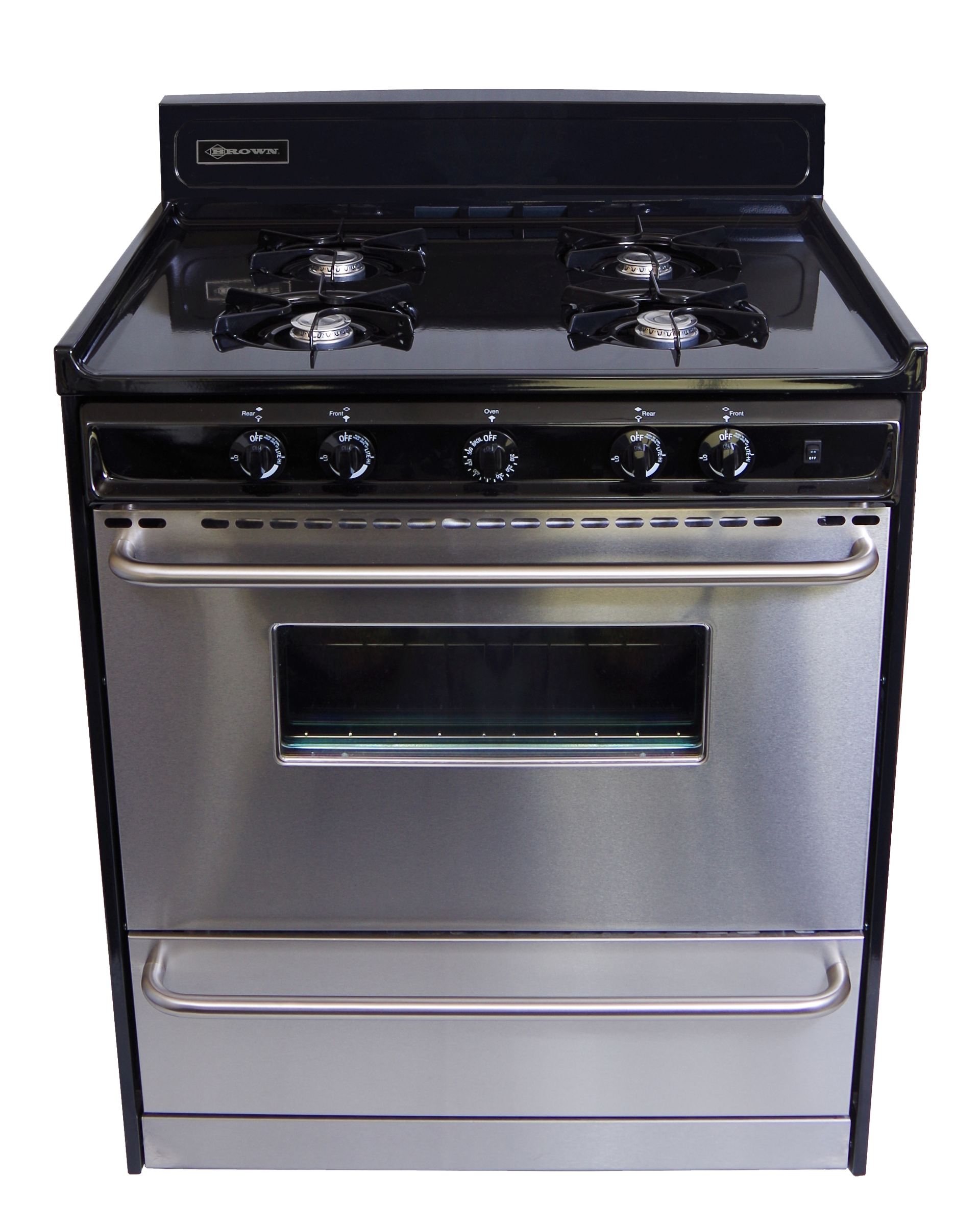 A stainless steel stove with a black top and black burners