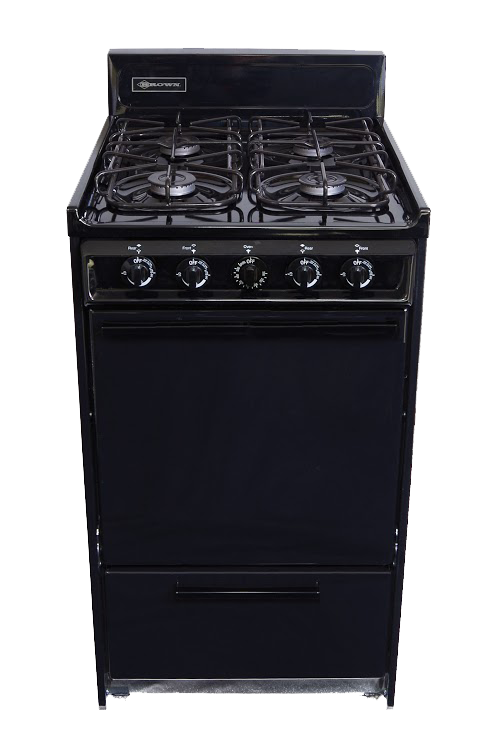 A black gas stove with four burners and an oven on a white background.