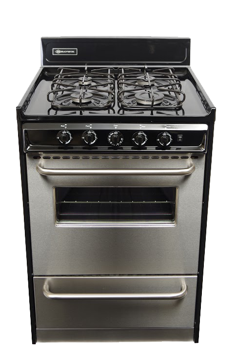 A stove with four burners and an oven on a white background.