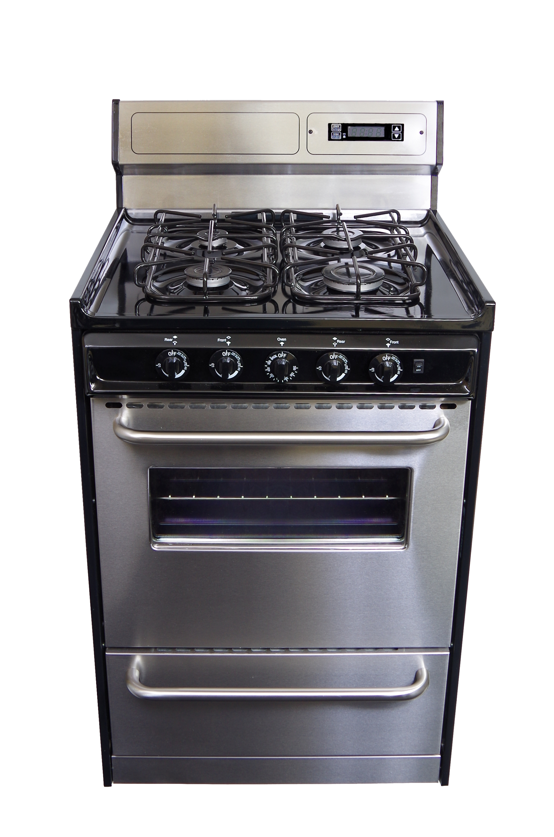 A stainless steel stove with four burners and an oven