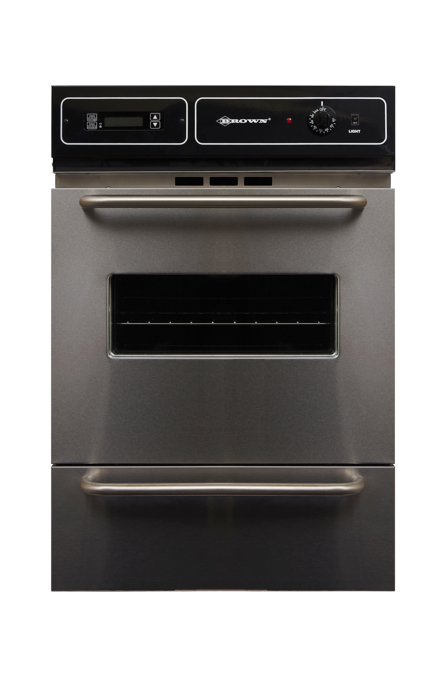 A stainless steel oven is sitting on a white surface.