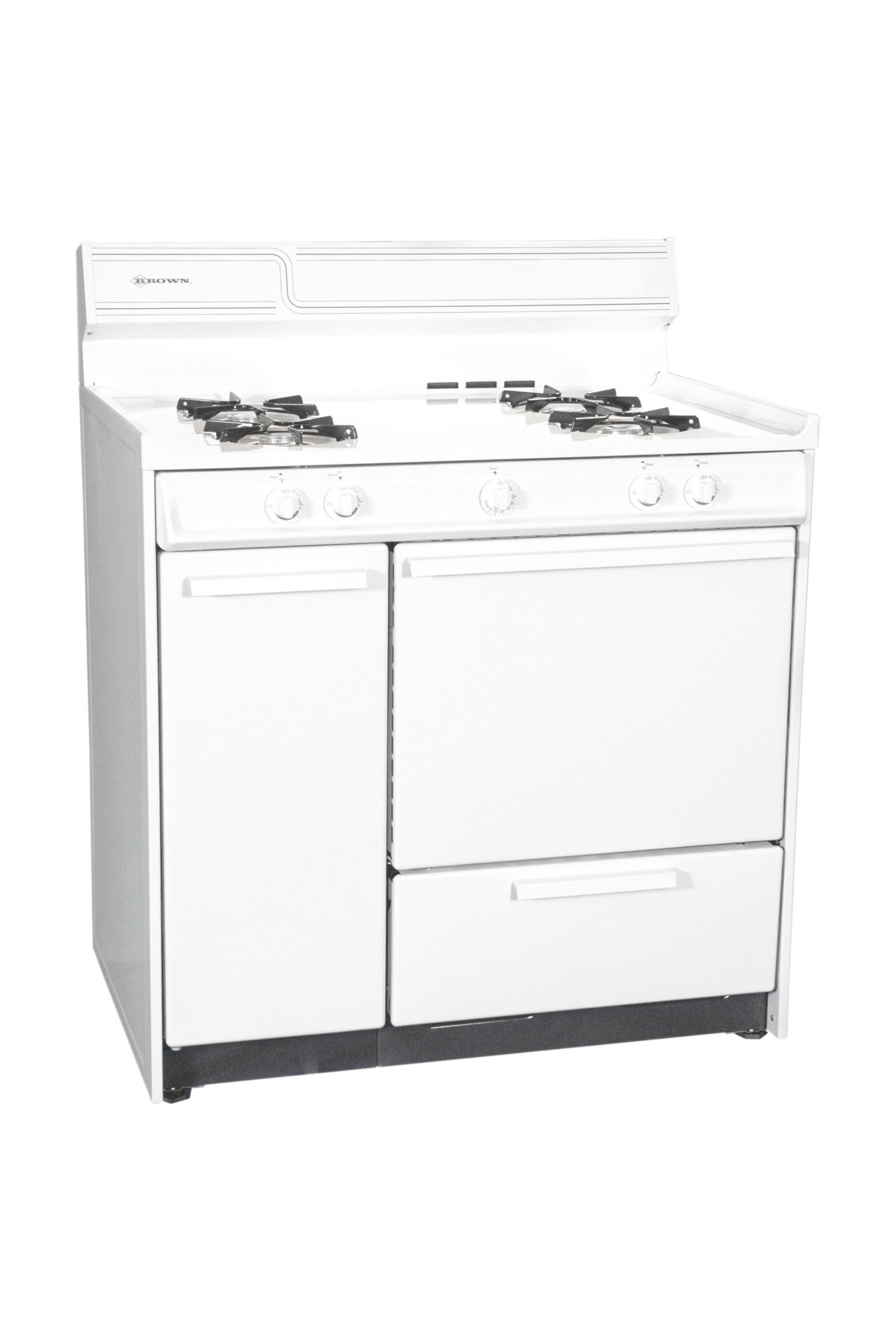 A white stove with four burners and a dishwasher on a white background.