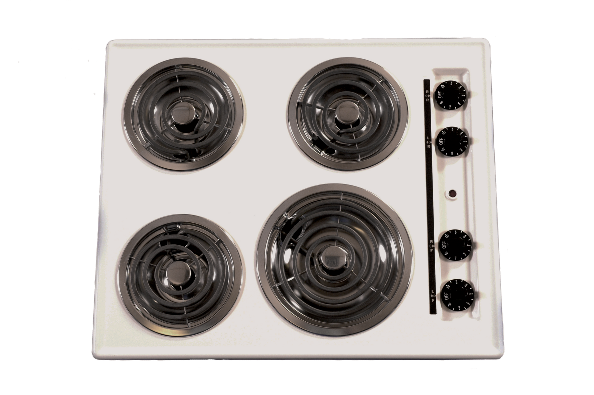 A white electric stove top with four black burners on a white background.
