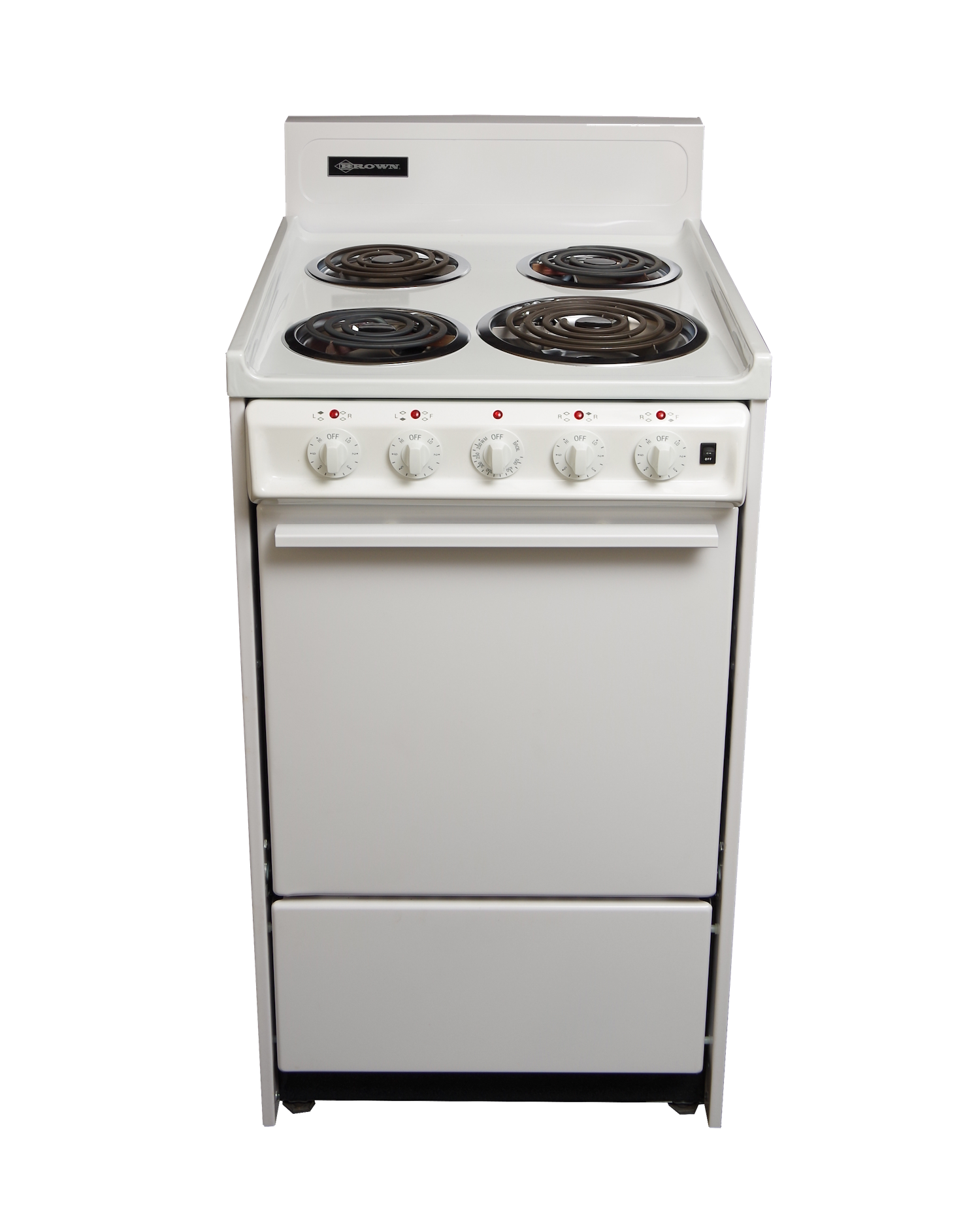 A white stove with four burners and a drawer on a white background.