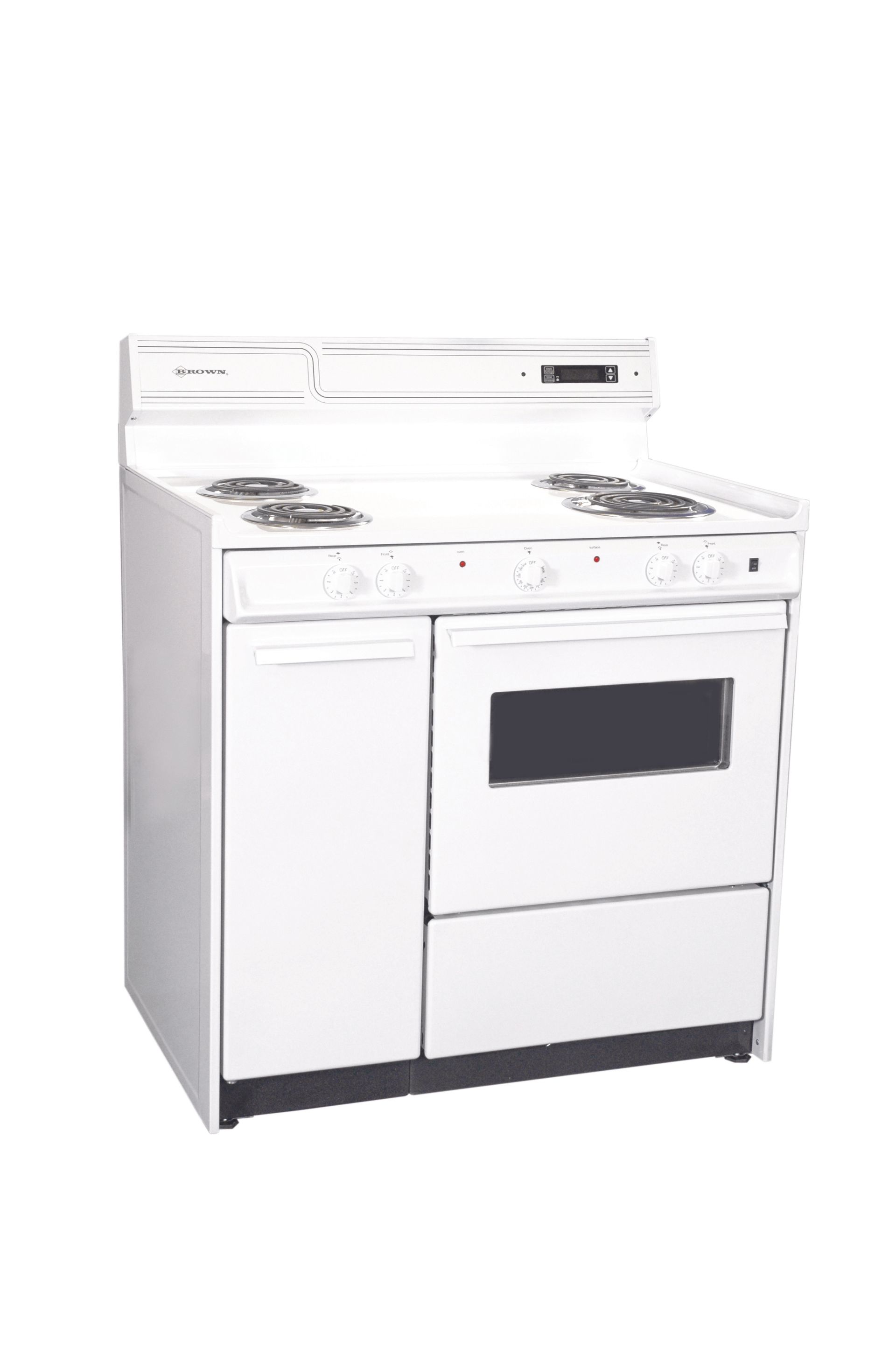 A white stove with four burners and an oven on a white background.