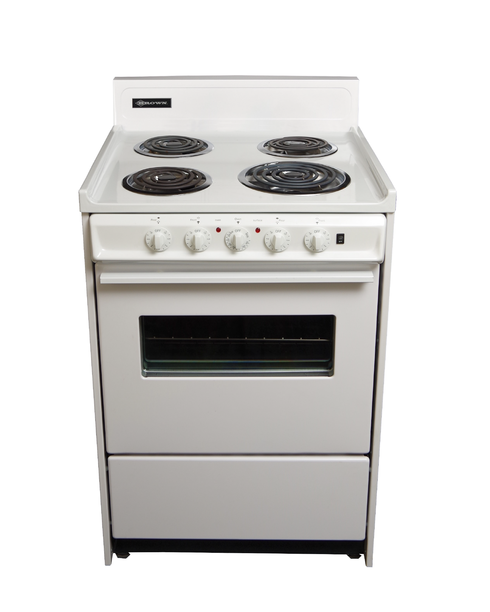 A white stove with four burners and an oven on a white background.