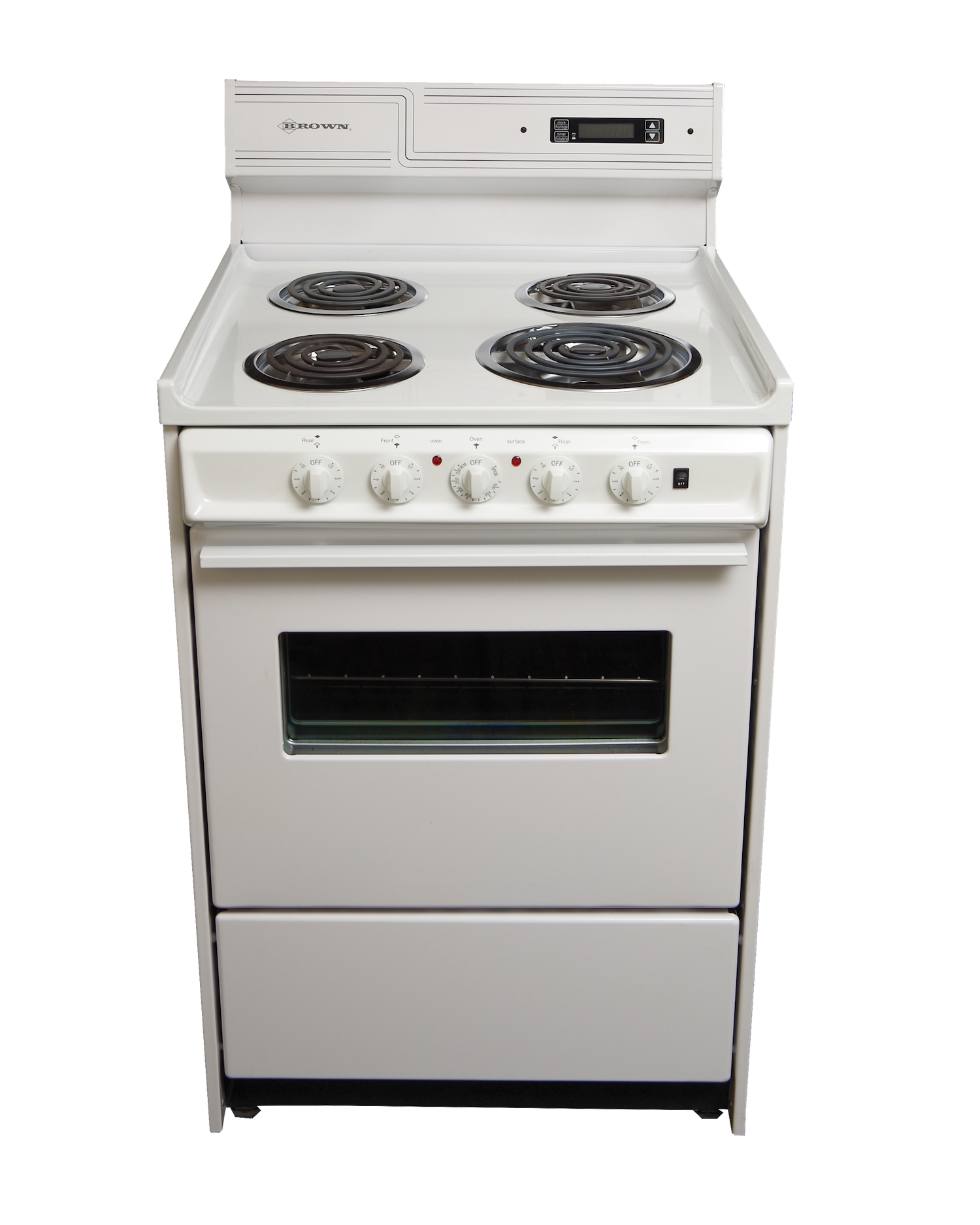 A white stove with four burners and an oven on a white background.