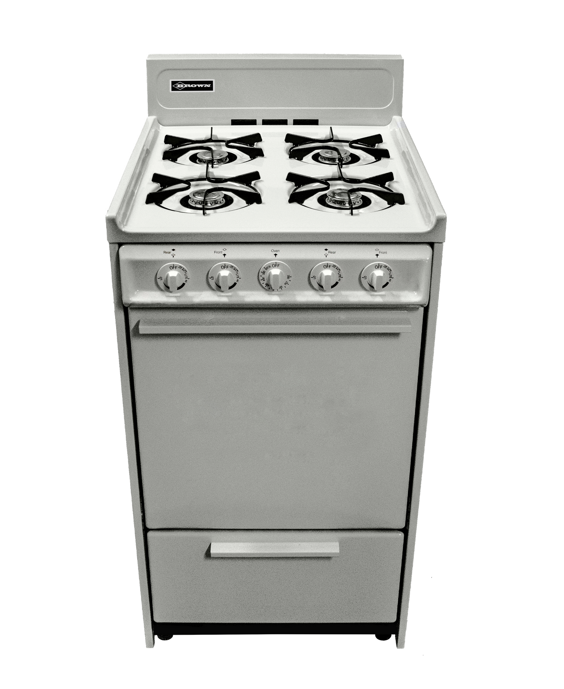 A stainless steel stove with four burners and a drawer underneath