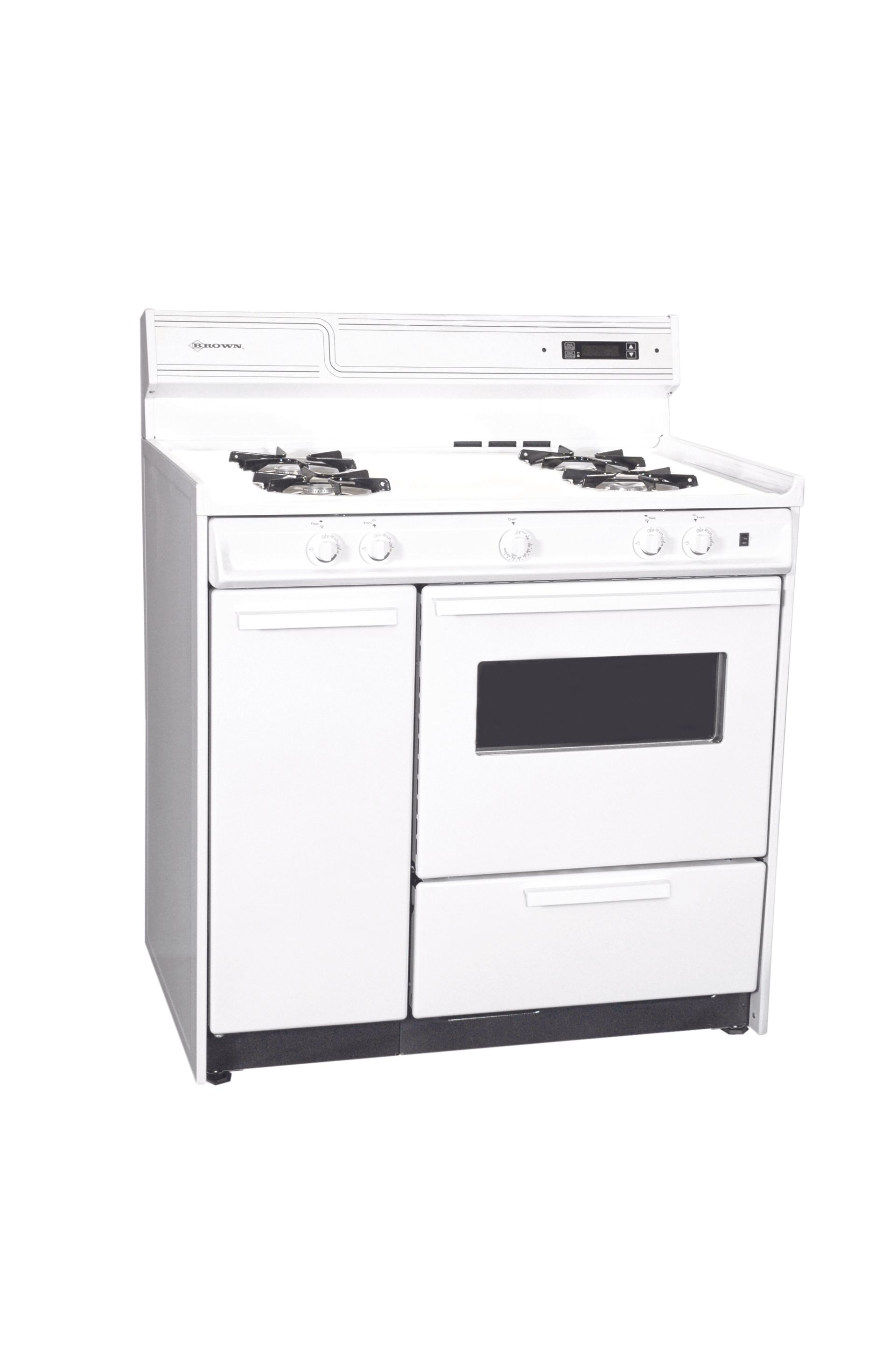 A white stove with two burners and an oven on a white background.