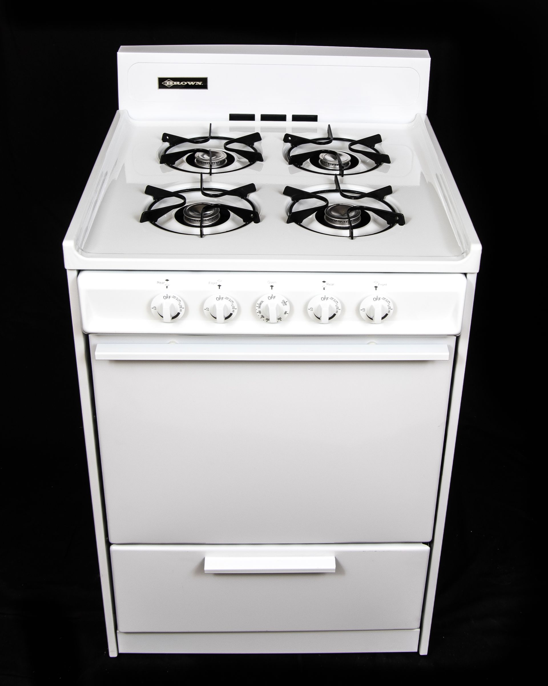 A white gas stove with four burners and an oven on a black background.
