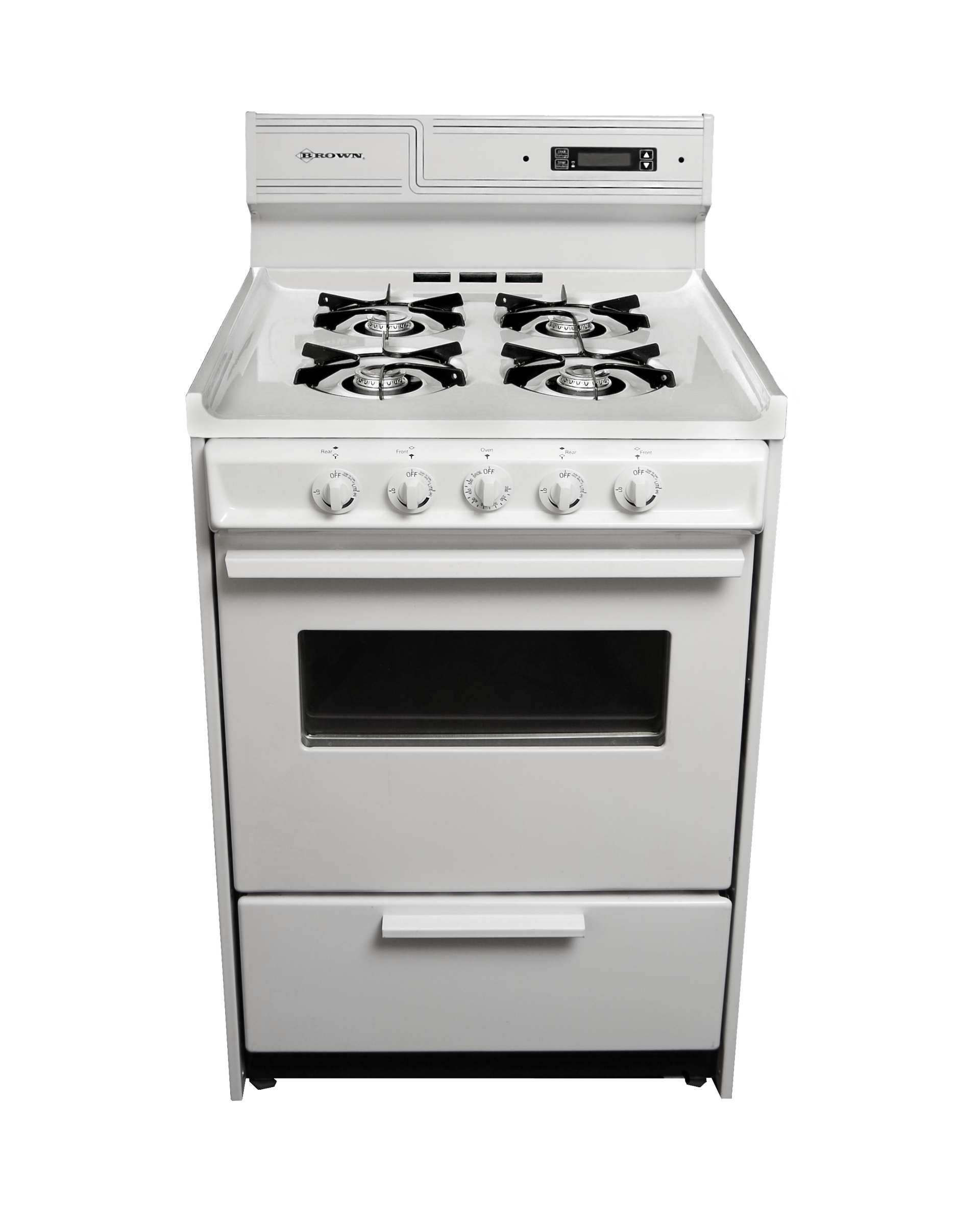 A white gas stove with four burners and an oven on a white background.