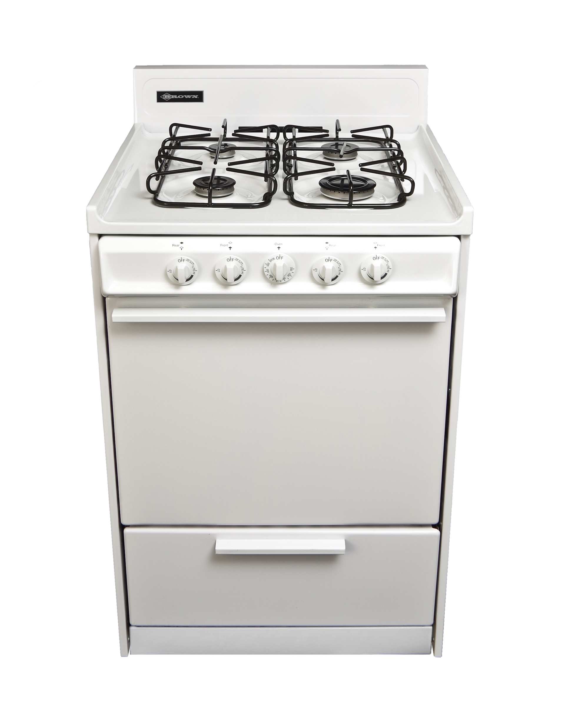A white gas stove with four burners and a drawer on a white background.