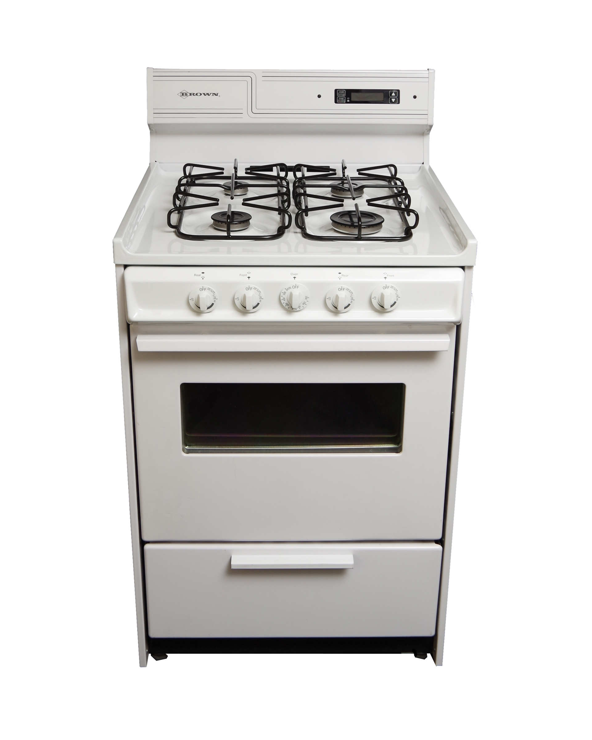 A white gas stove with four burners and an oven on a white background.