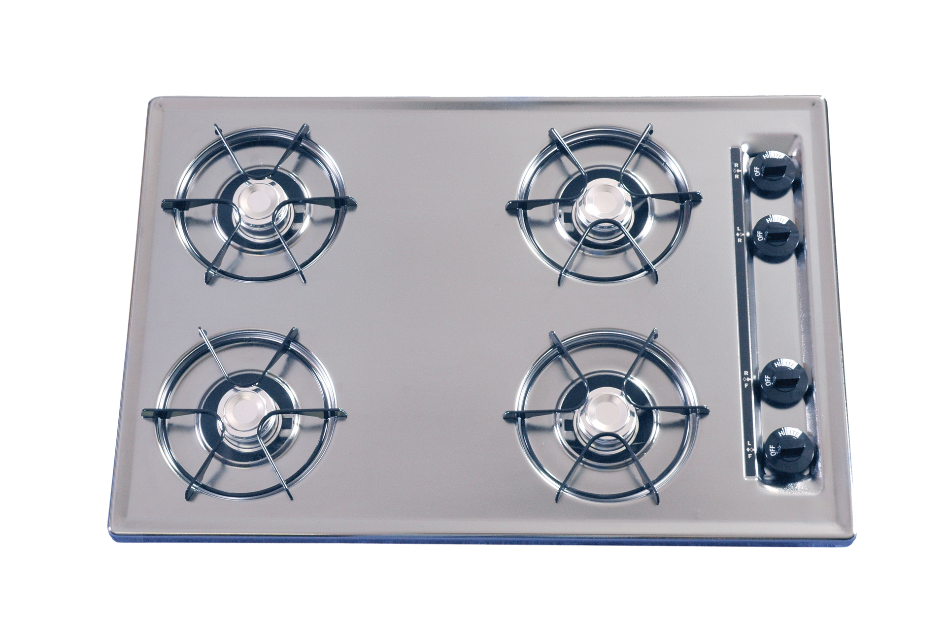 A stainless steel stove top with four burners on a white background