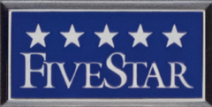A blue five star sign with white stars on it