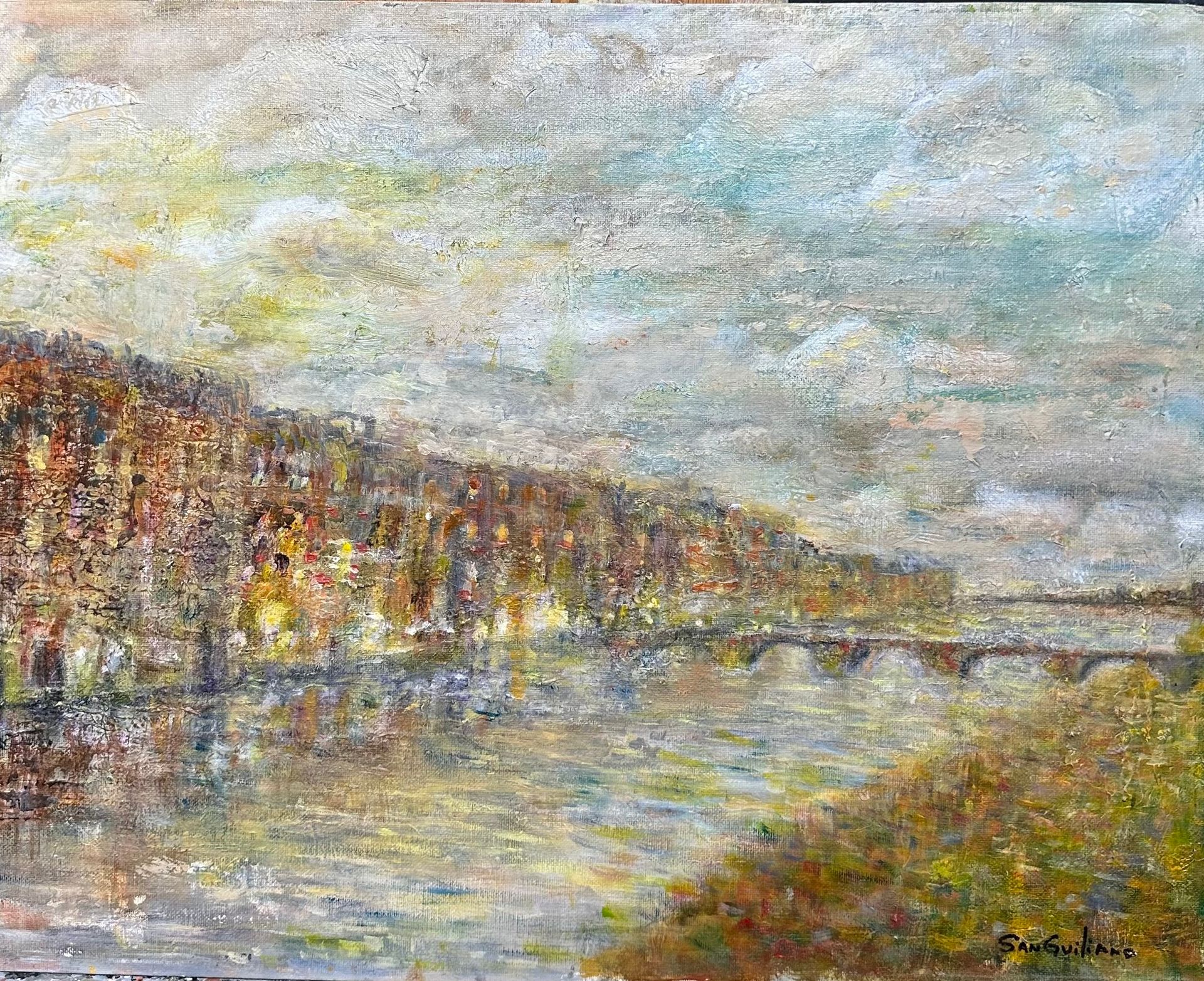 A painting of a river with a bridge, reflecting a cityscape under a cloudy sky.