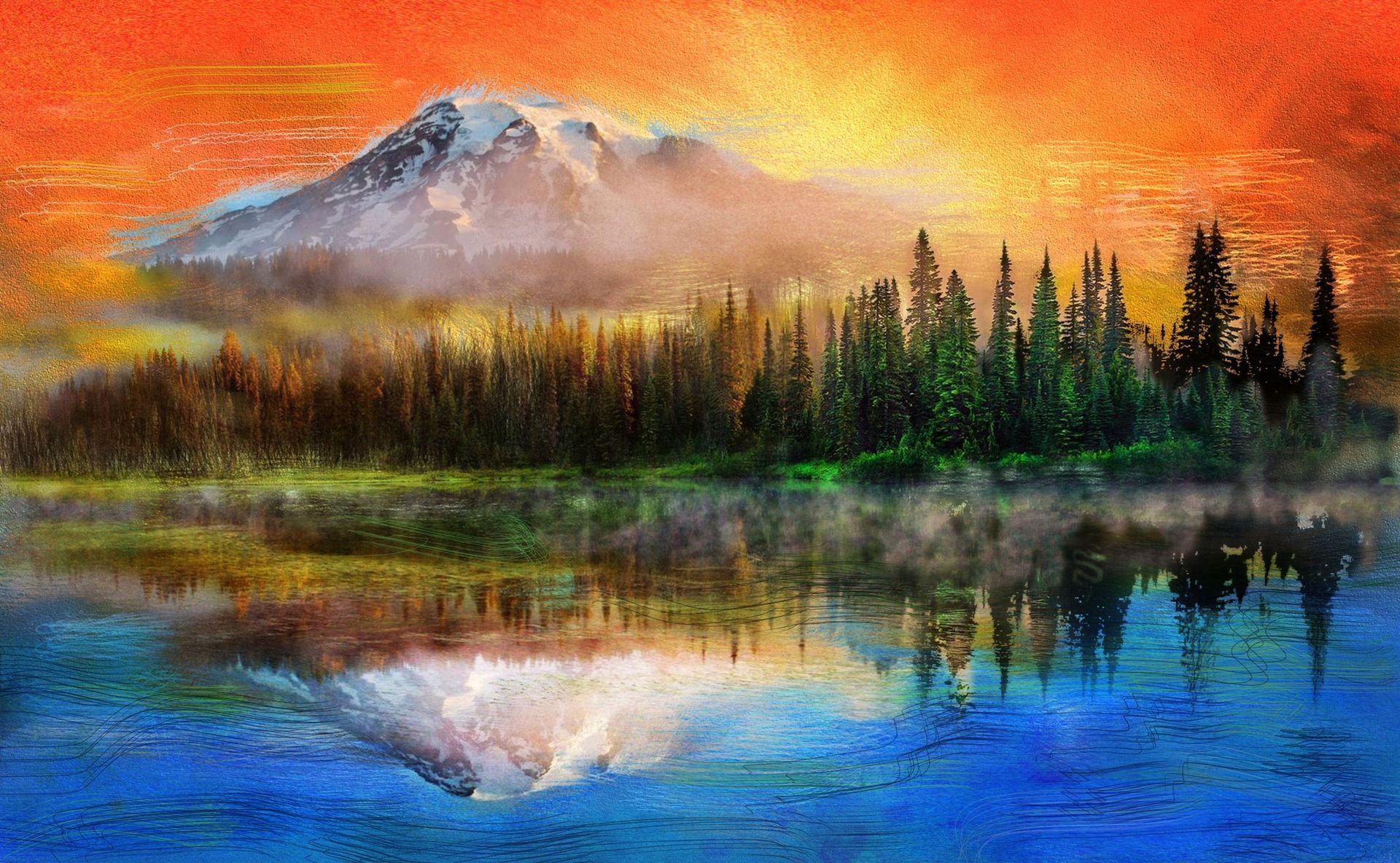 Mountain scene with snow-capped peak, trees, and lake reflecting the sky; orange and blue hues.