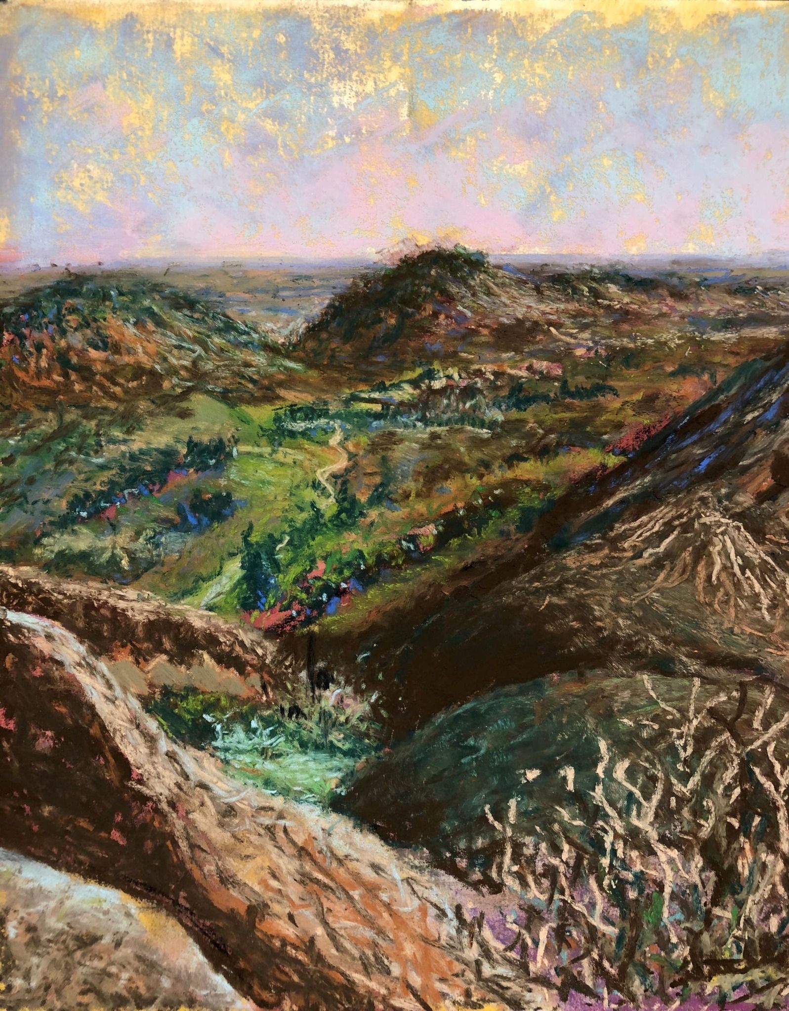 Pastel landscape. Rolling hills, green valley, mauve and golden sky.