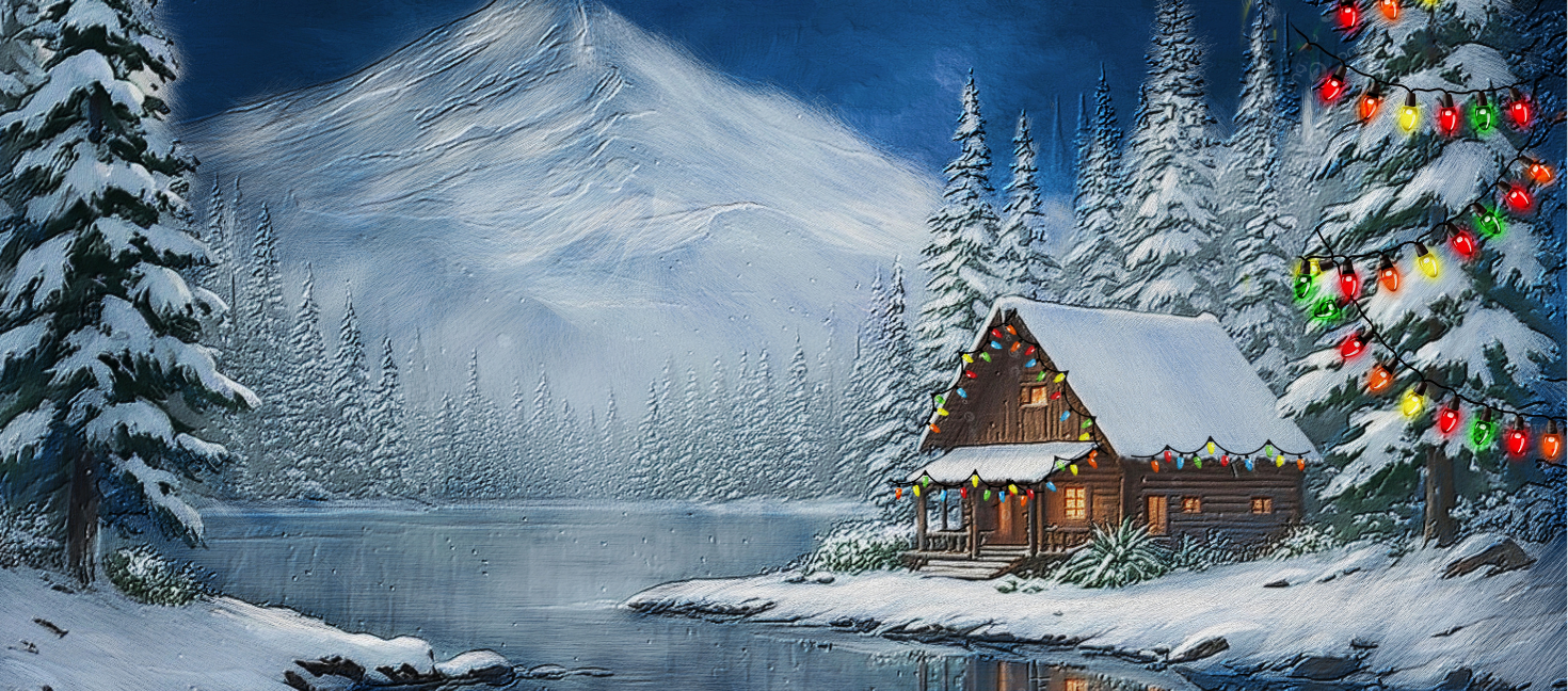 A snowy cabin by a lake, with a snow-covered mountain, pine trees, and a lit Christmas tree.