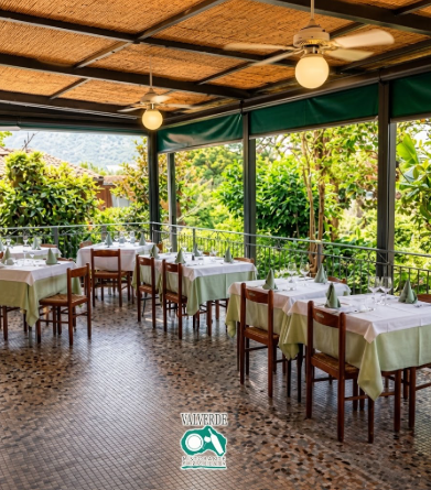 Terrazza ristorante all'aperto con tovaglie bianche, sedie in legno e vista su un rigoglioso giardino.
