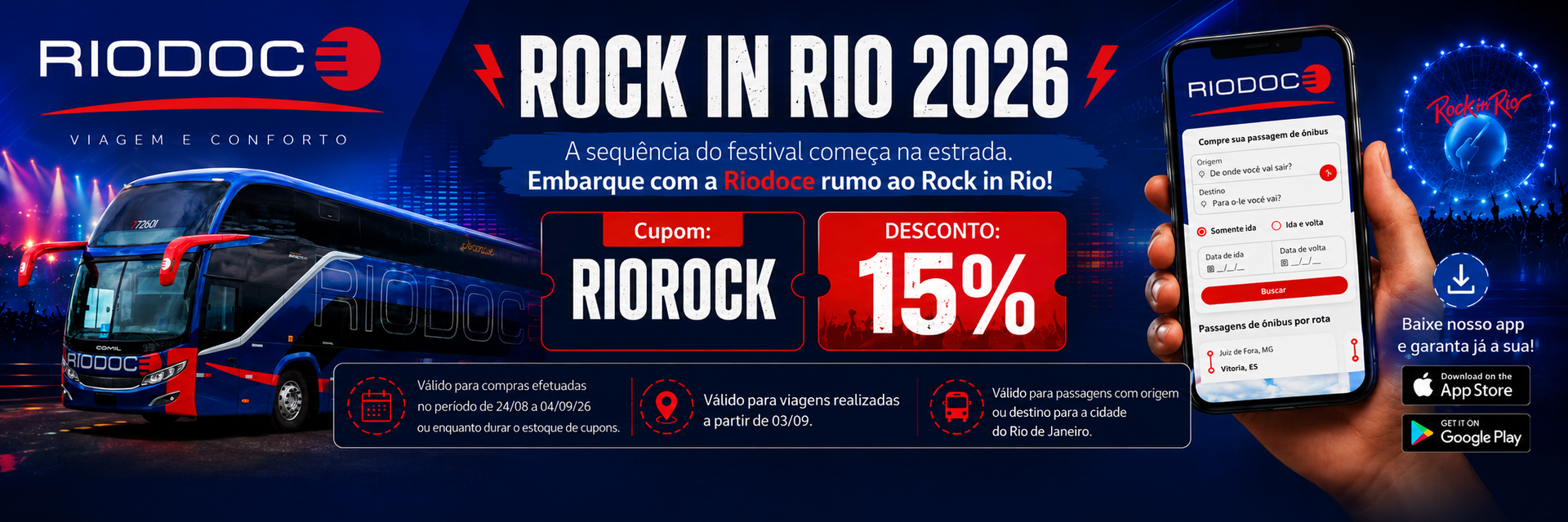 Banner para o 48º aniversário da ADOCC apresentando quatro vagões decorados sob um céu de pôr do sol.