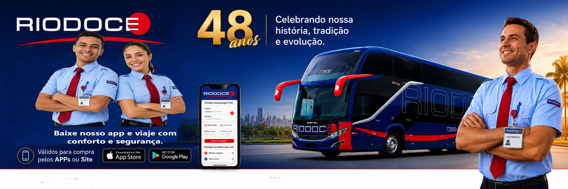 Banner para o 48º aniversário da ADOCC apresentando quatro vagões decorados sob um céu de pôr do sol.