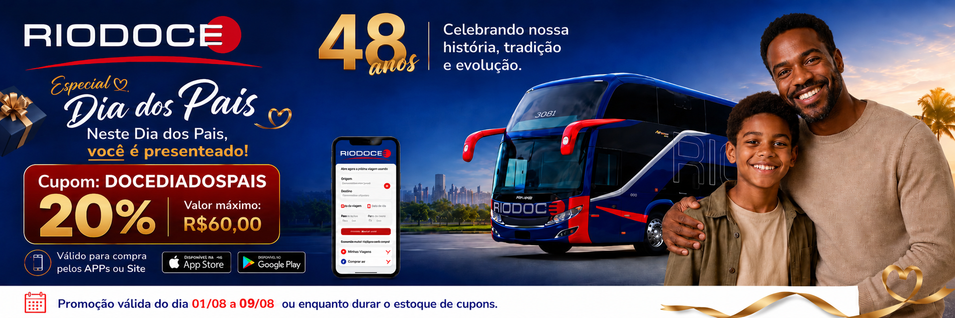 Banner para o 48º aniversário da ADOCC apresentando quatro vagões decorados sob um céu de pôr do sol.