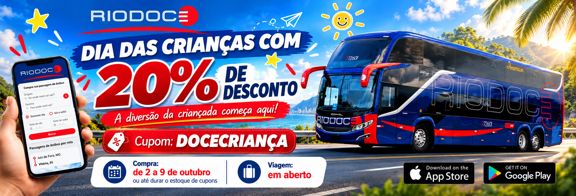 Banner para o 48º aniversário da ADOCC apresentando quatro vagões decorados sob um céu de pôr do sol.