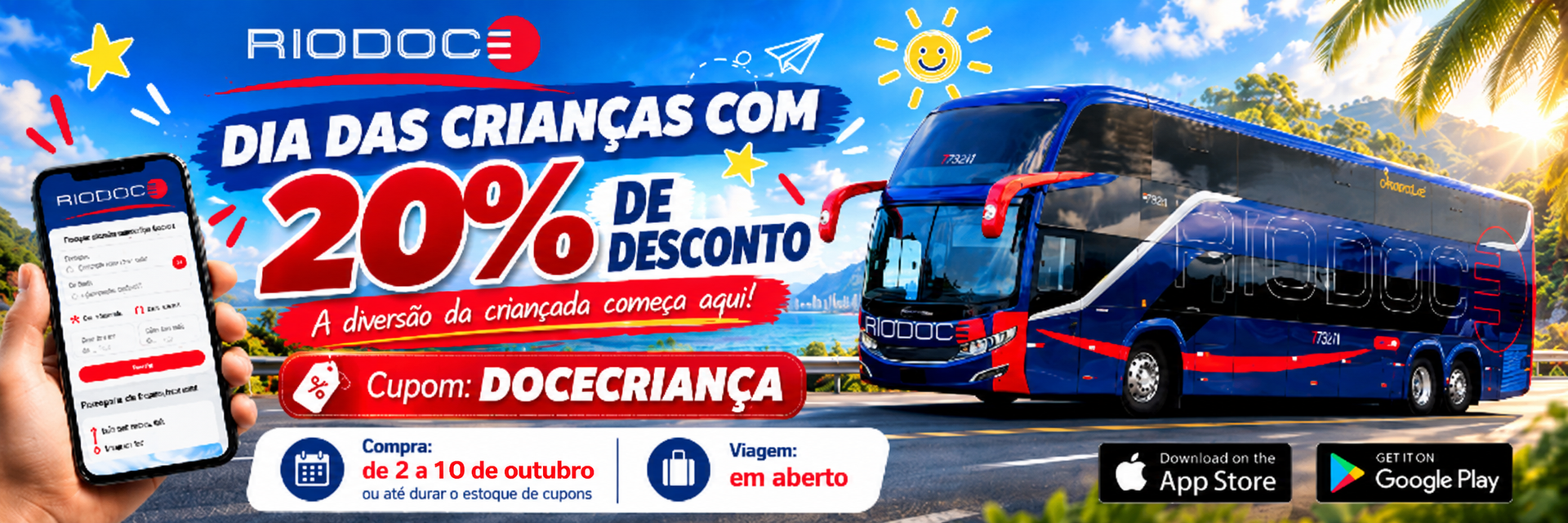 Banner para o 48º aniversário da ADOCC apresentando quatro vagões decorados sob um céu de pôr do sol.