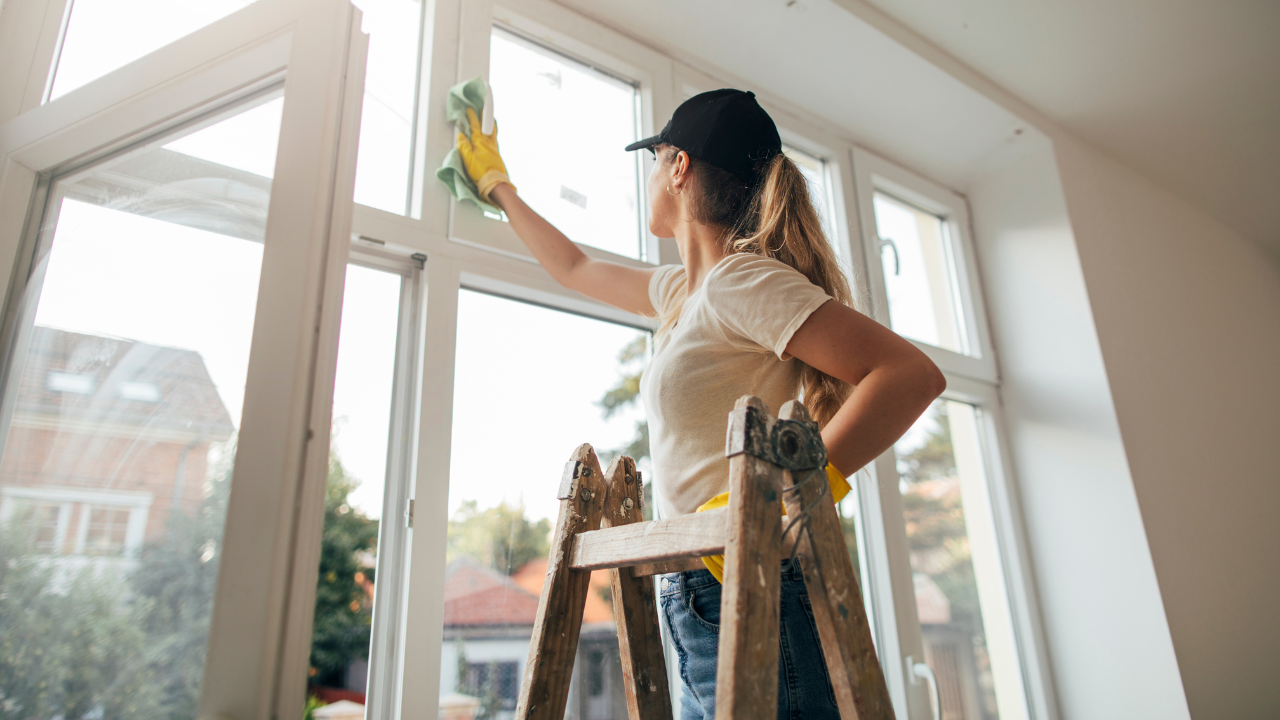 A woman is standing on a ladder cleaning a window.