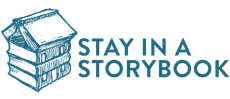 The logo for stay in a storybook shows a stack of books in the shape of a house.