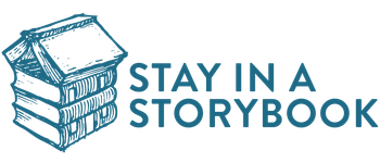 The logo for stay in a storybook shows a stack of books in the shape of a house.