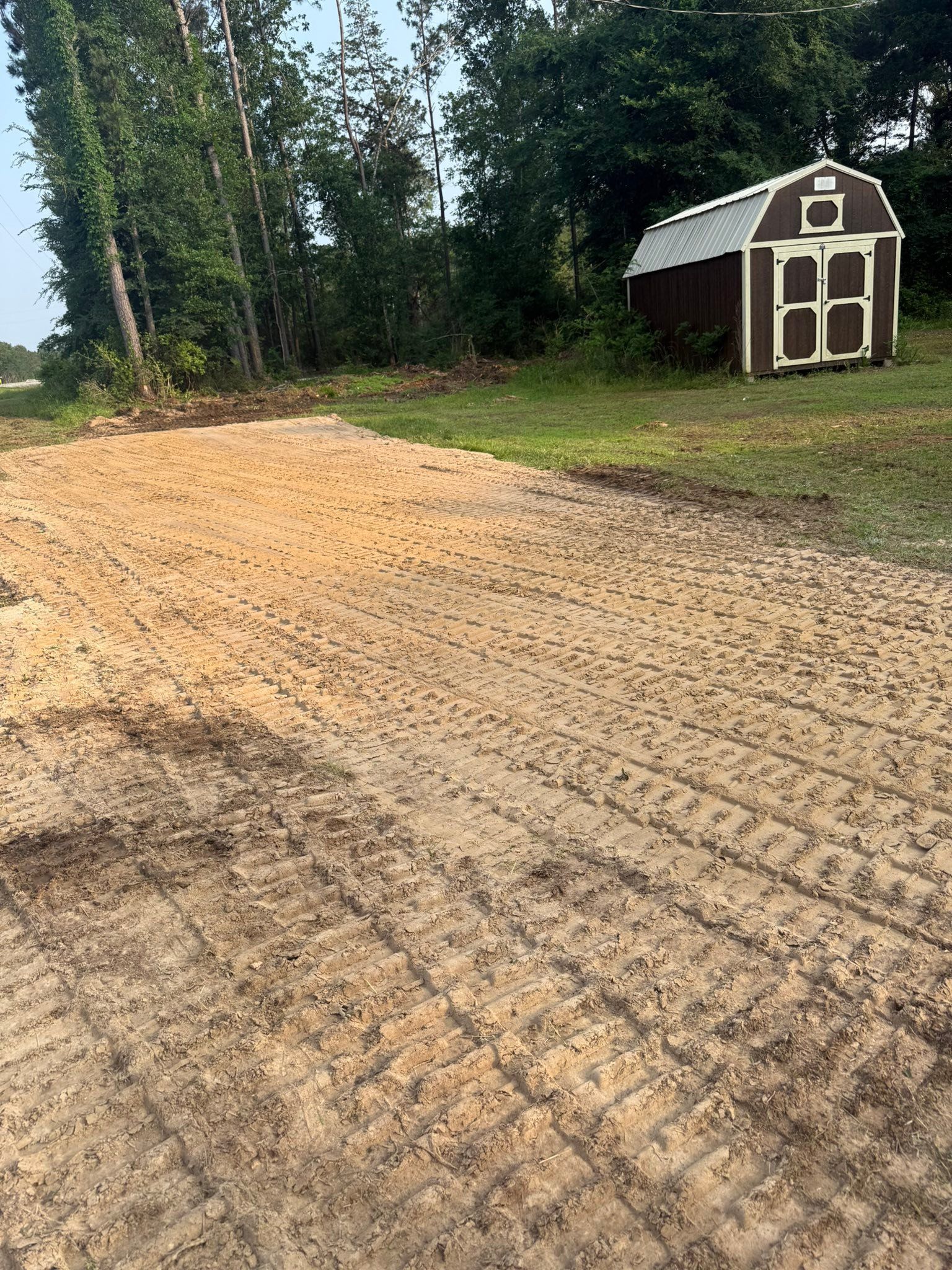 Graded dirt driveway beside trees and a small brown shed with white trim