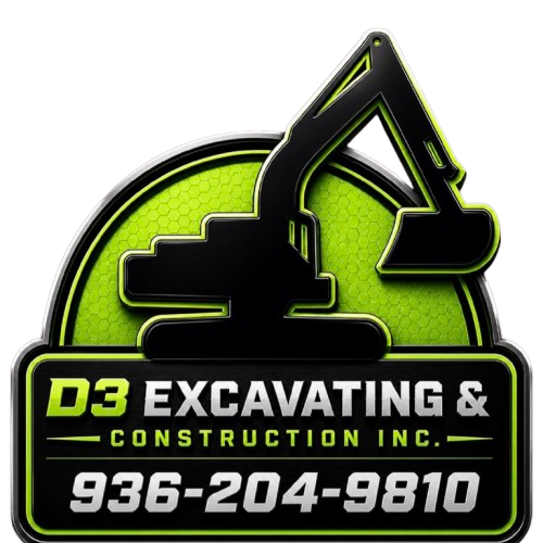 D3 Excavating & Construction Inc. logo with lime green excavator and phone number 936-204-9810