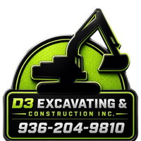 D3 Excavating & Construction Inc. logo with lime green excavator and phone number 936-204-9810
