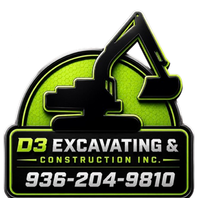 D3 Excavating & Construction Inc. logo with lime green excavator and phone number 936-204-9810