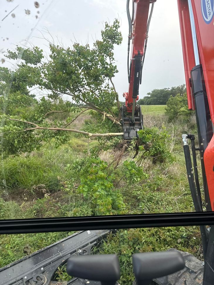 Red excavator arm clearing brush in a grassy field, viewed from inside another machine cab.
