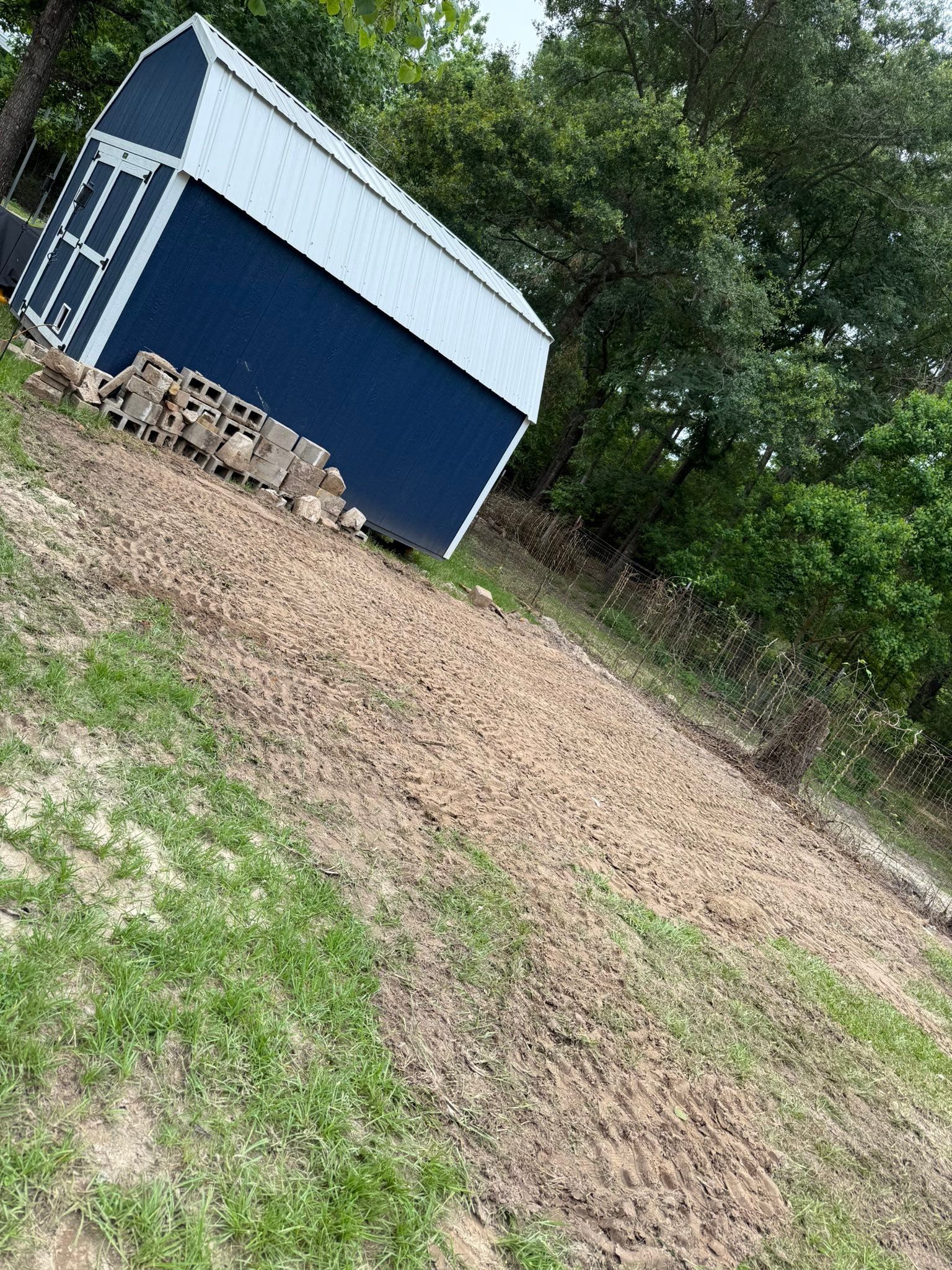Small blue shed with white trim beside trees and a grassy dirt clearing, viewed at a tilt.