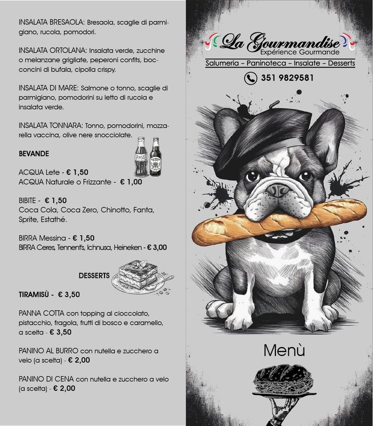 Volantino con menù francese, raffigurante un bulldog che tiene in mano una baguette e un elenco di piatti e prezzi.