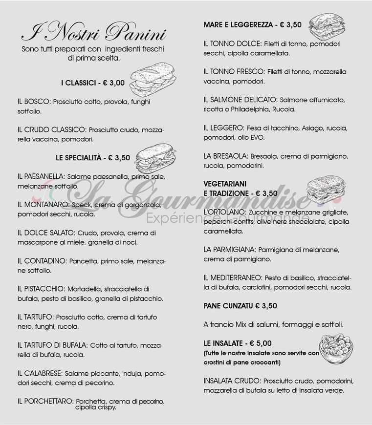 Menù di un ristorante italiano con testo in stile scrittura a mano e piccole illustrazioni di piatti su sfondo chiaro.