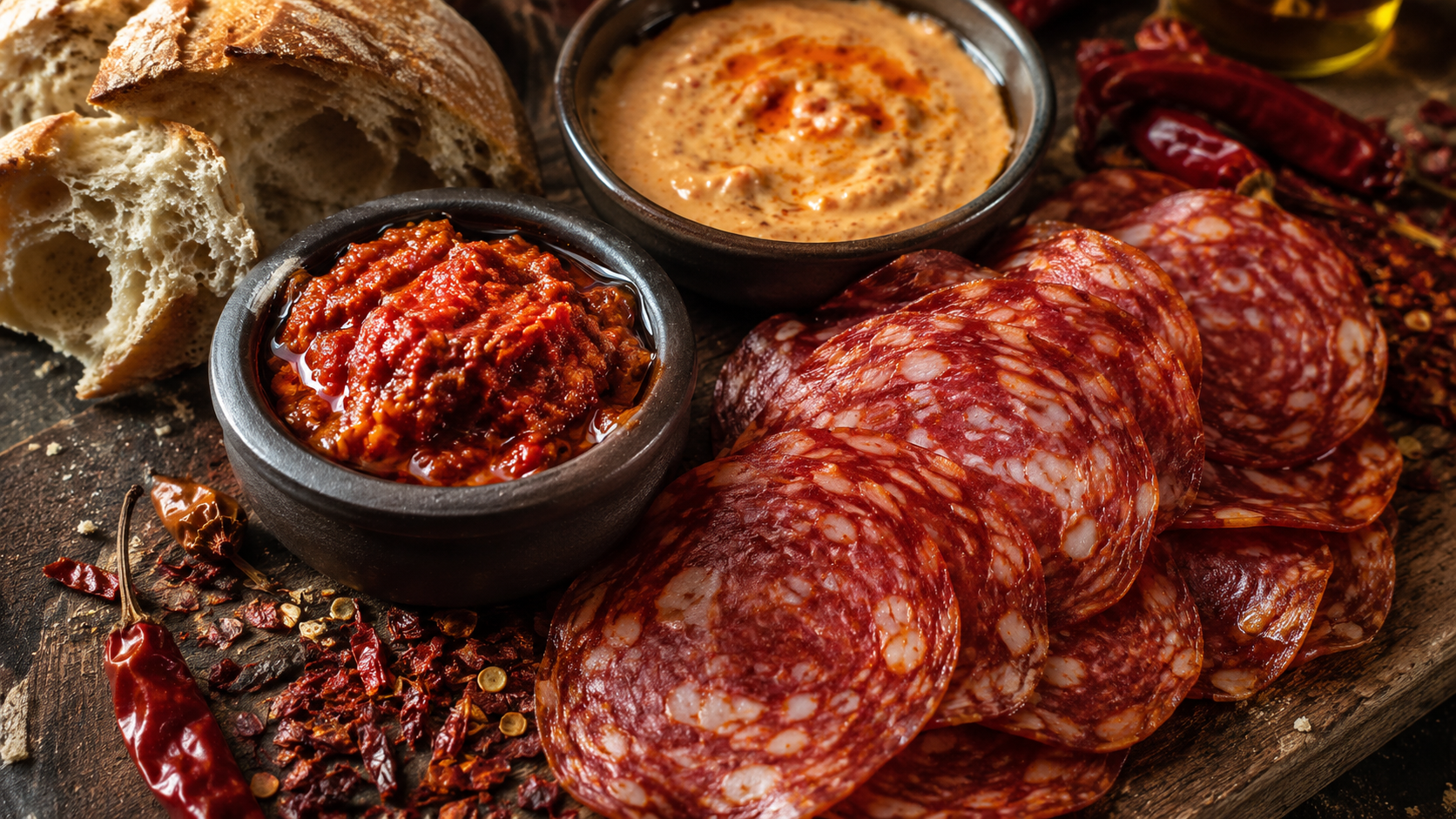 Assortimento di salumi e creme spalmabili su un tagliere rustico con pane e peperoni rossi.