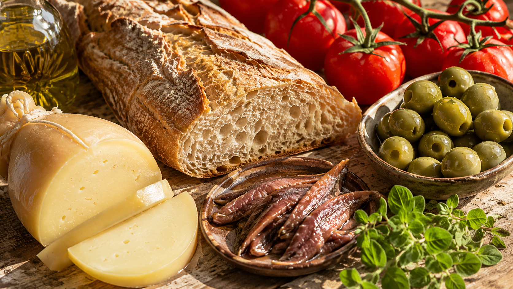 Un assortimento di cibi rustici con pane, formaggio, acciughe, olive, pomodori, olio d'oliva ed erbe aromatiche.