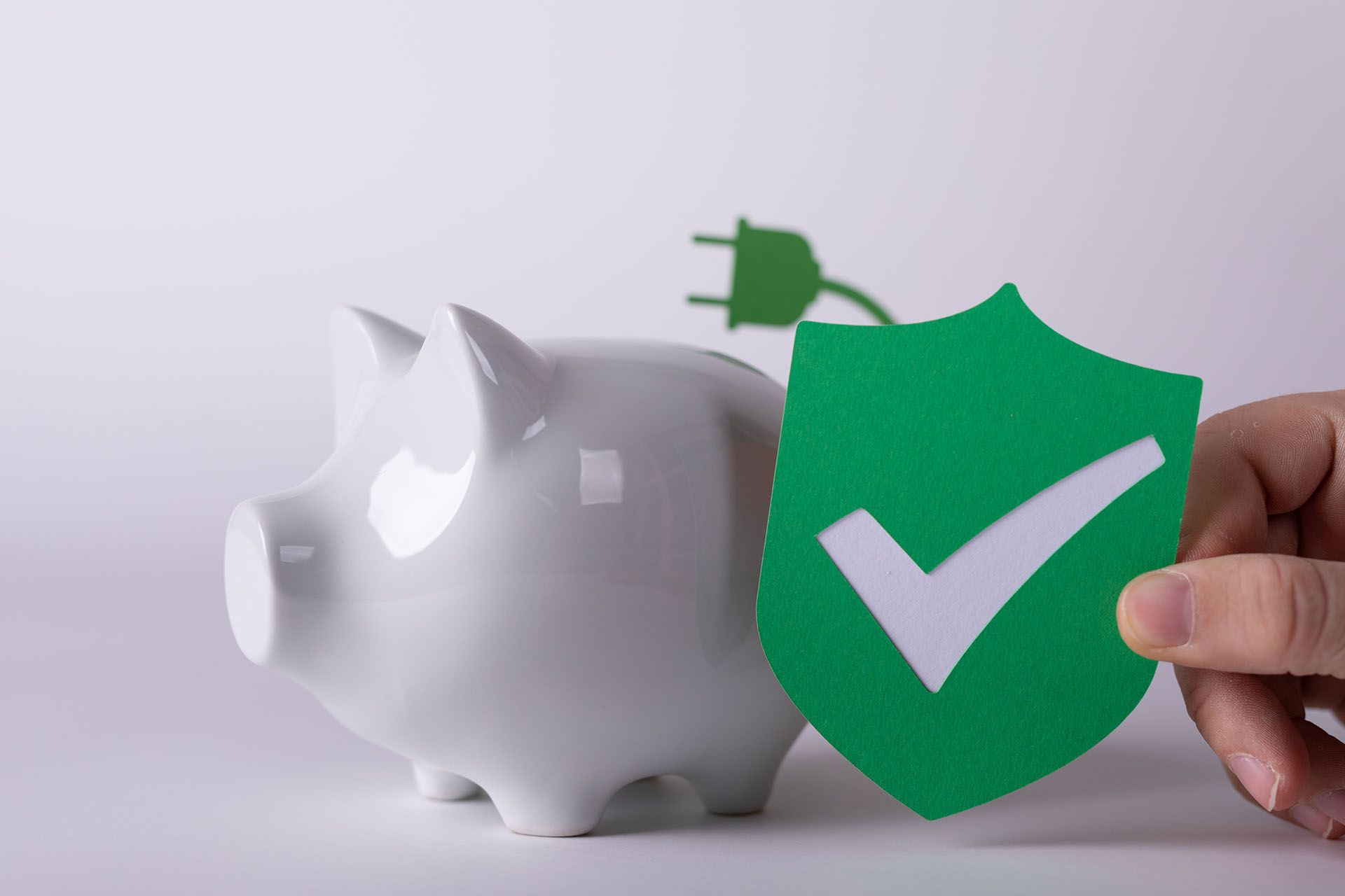 A person is holding a green shield in front of a piggy bank