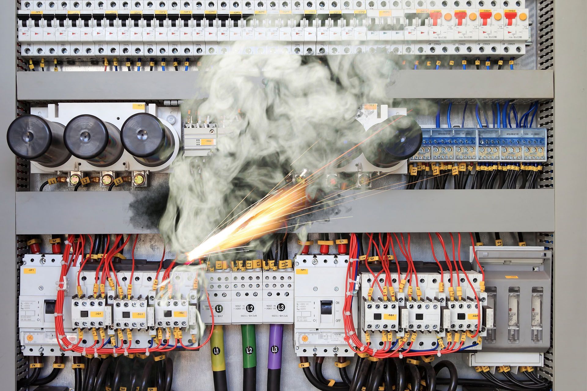 A close up of an electrical panel with smoke coming out of it