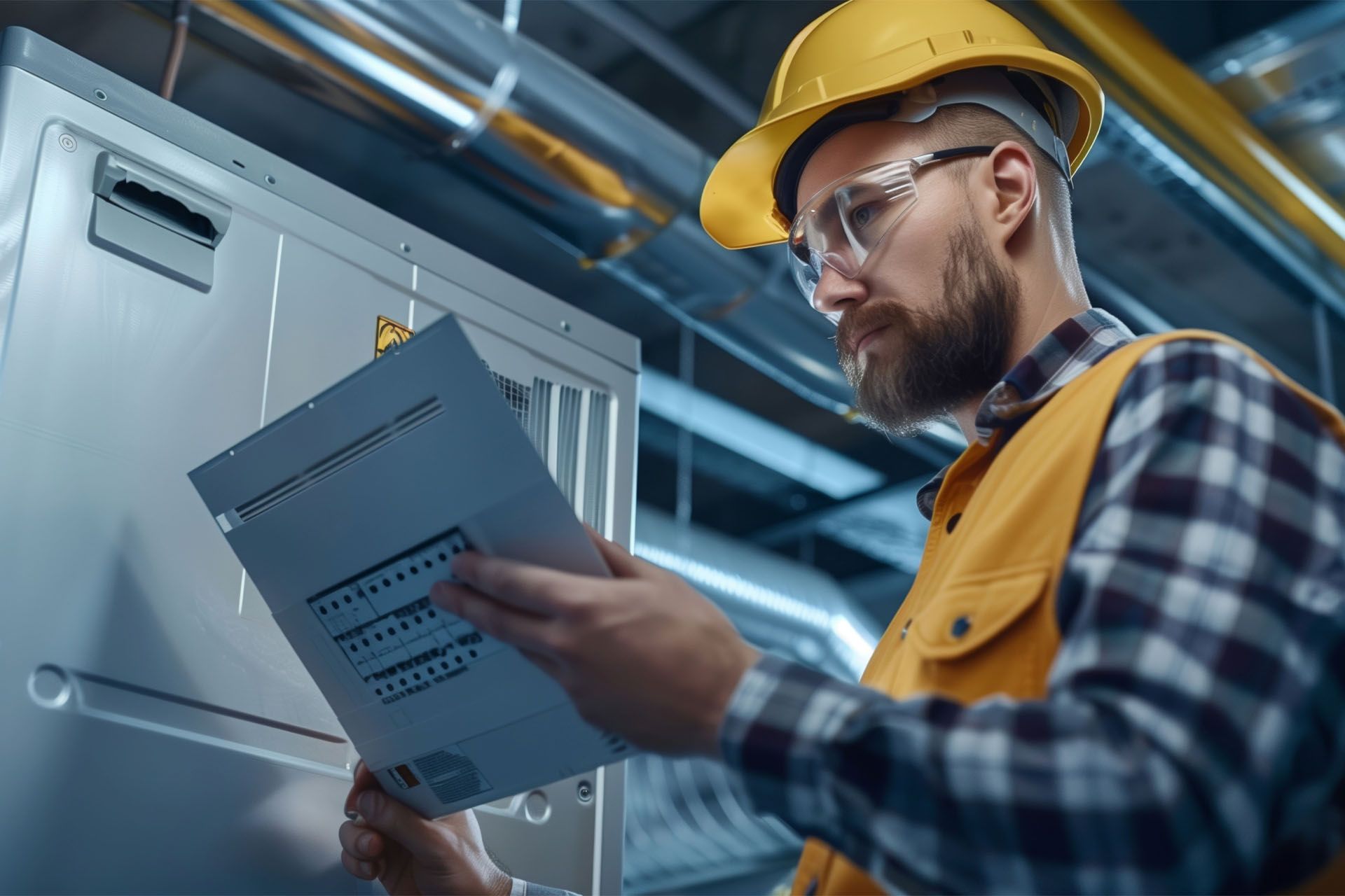 A man wearing a hard hat and safety glasses is looking at a piece of paper.