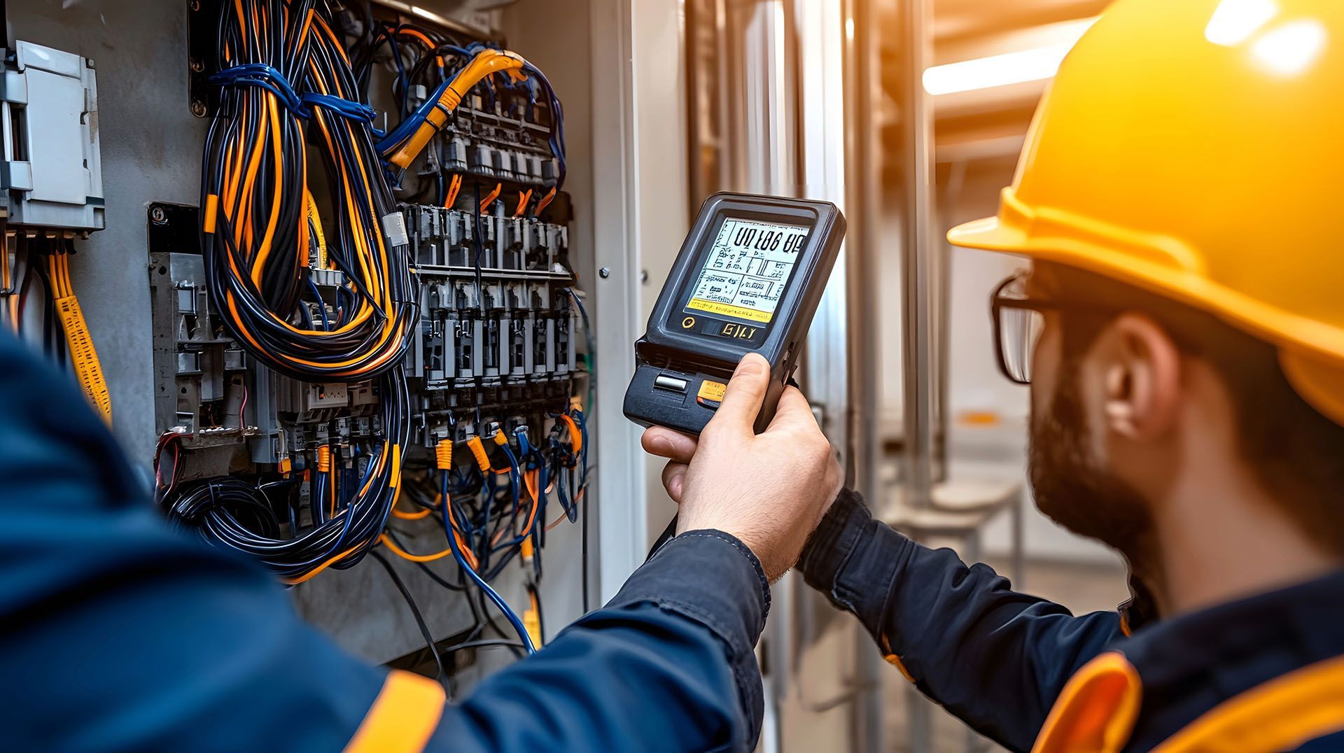A man in a hard hat is using a tablet to look at an electrical box.