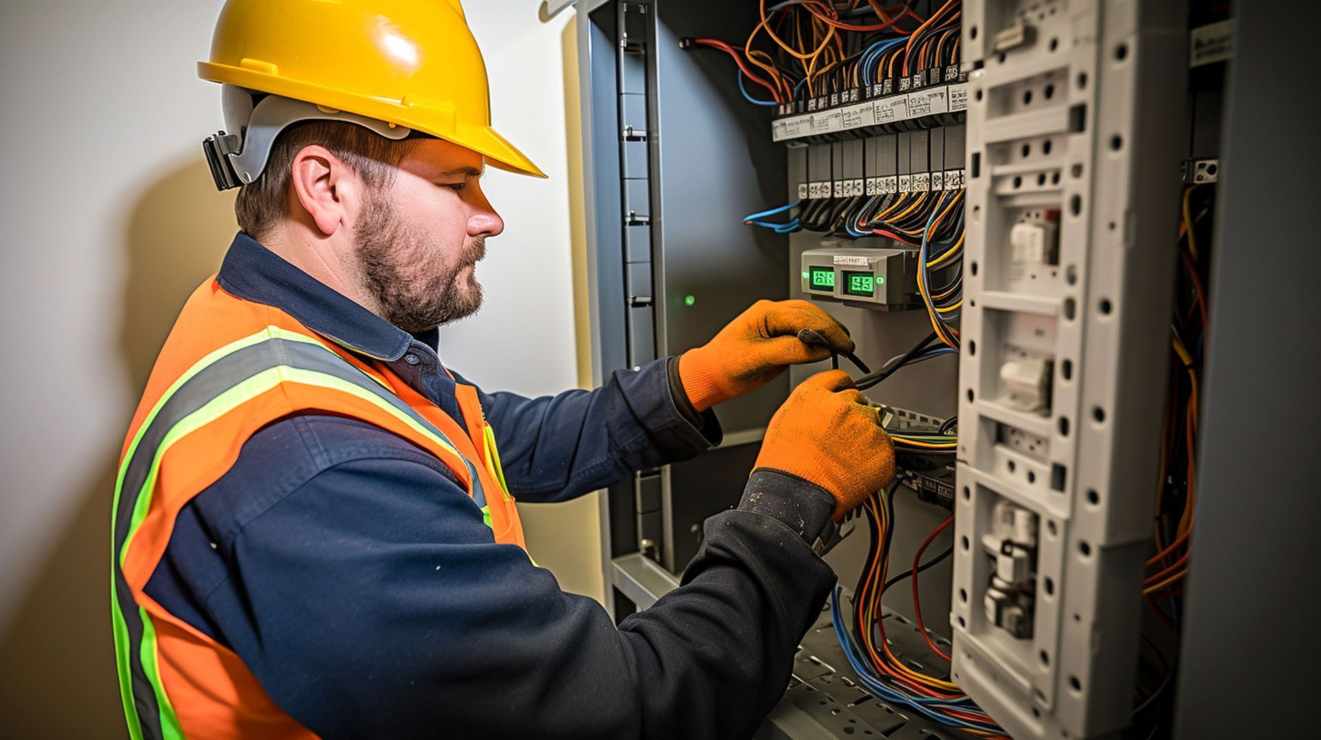 A man wearing a hard hat and safety vest is working on an electrical box.